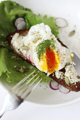 Poached Egg Seasoning with Pepper, Seeds on Plate with Salad Leaves and Radish Slices. Delicious Breakfast.