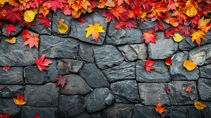 Bright red and yellow maple leaves scattered across a gray cobblestone path, symbolizing the transition of seasons and the fleeting beauty of autumn.