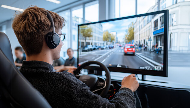 Fahrsch&uuml;ler sitzt am Fahrsimulator in der Fahrschule