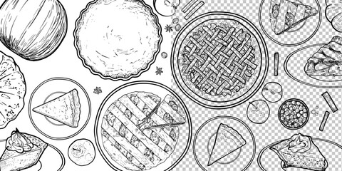 Hand drawn outline vector top view pies. Food assets in outline only on transparent background. Pumpkin, apple, cranberry pies with cinnamon, anise, cream and hazelnut.