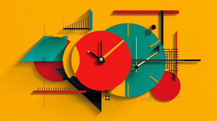 Colorful retro clocks with geometric shapes, capturing a sense of nostalgia and modernity blended together.