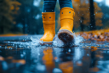 A young girl in bright yellow rain boots joyfully jumps through puddles, creating splashes while surrounded by colorful autumn leaves and rain-soaked scenery