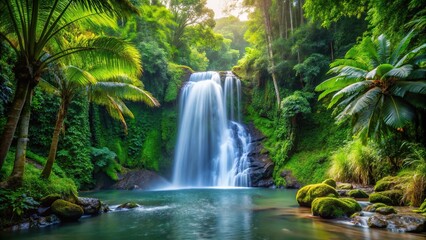 Medium shot of a waterfall in a tropical forest with lush greenery, perfect for a nature-themed wallpaper