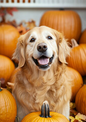 Golden Retriever Portrait with lots of Pumkins
