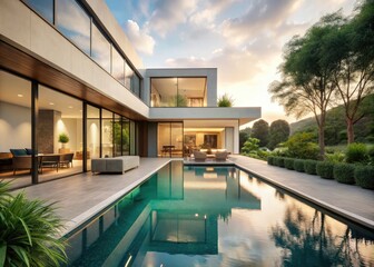 Fototapeta premium Elegant Minimalist Villa Design with Serene Landscape and Modern Aesthetic
