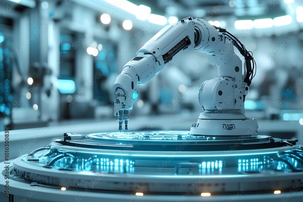 Poster robotic machine performing precise scientific tasks in futuristic laboratory