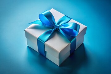 Obraz premium Elegant white gift box with a charming blue ribbon, beautifully displayed on a blue background, perfect for commemorating celebrations and special