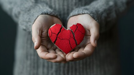 Fototapeta premium Hands gently cupping a cracked heart shaped object symbolizing the delicate and fragile nature of love that can be overshadowed by pain and suffering