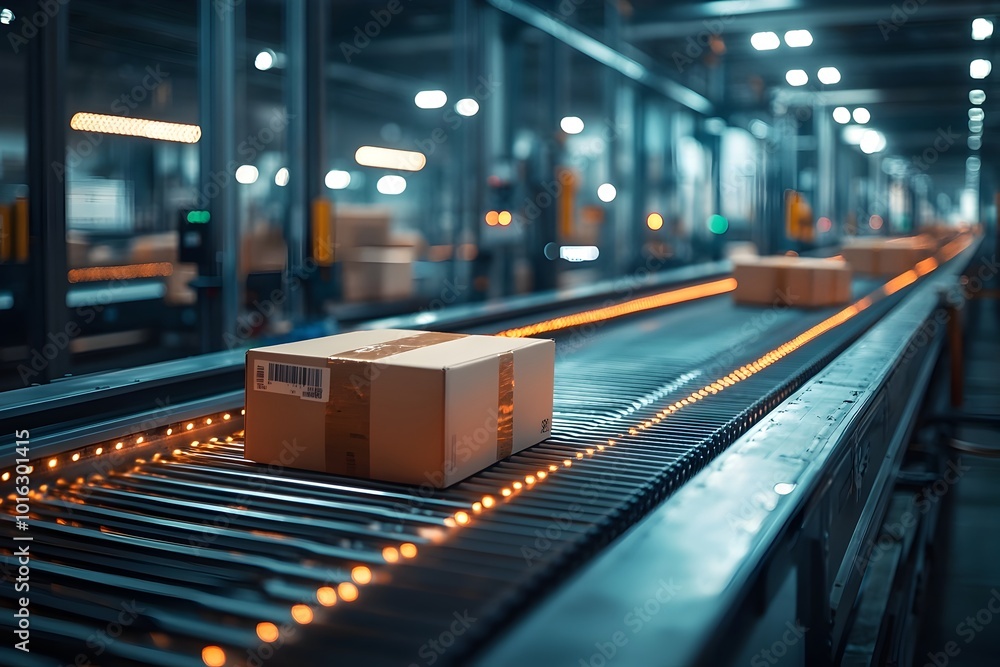 Poster conveyor belt system in warehouse moving packages with sensors monitoring the process