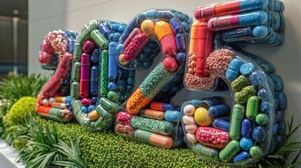 Assorted vitamins form the number 2025 in a vibrant display at a health and wellness exhibition