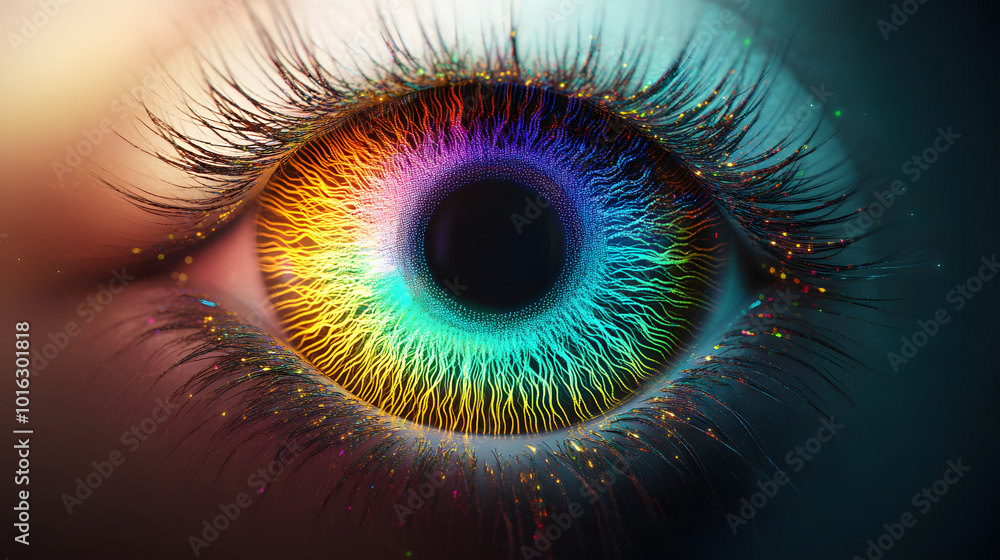 Poster human multicolored iris of the eye animation concept. rainbow lines after a flash scatter out of a b