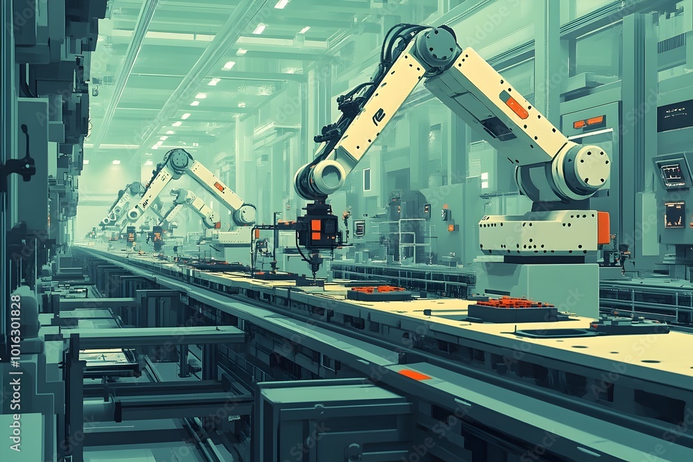 Poster futuristic factory with robotic arms assembling products on production line showcasing precision