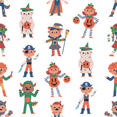 Kids in Halloween costumes vector cartoon seamless pattern background.
