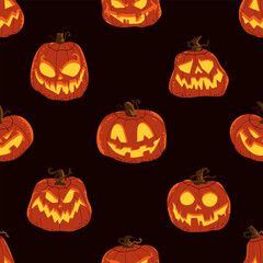 Halloween glowing pumpkins vector cartoon seamless pattern background.