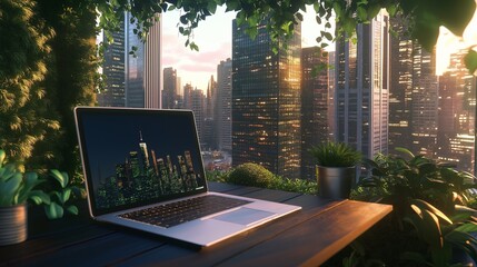 An inspiring remote work scene with a laptop on a terrace, overlooking a bustling cityscape