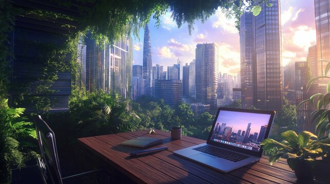 An inspiring remote work scene with a laptop on a terrace, overlooking a bustling cityscape