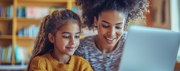 Teacher assisting young student with online learning on laptop in cozy home setting