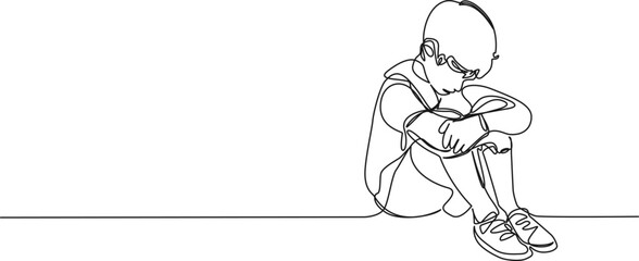 continuous single line drawing of sad boy sitting on floor, line art vector illustration