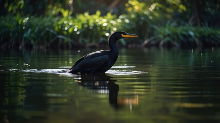 Obraz premium A black cormorant with a yellow beak swims in a calm river with green foliage in the background.