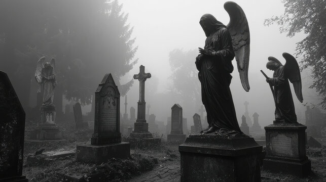A monochrome cemetery scene with angel statues standing among tombstones in dense fog, projecting an atmosphere of solemnity and historical depth.