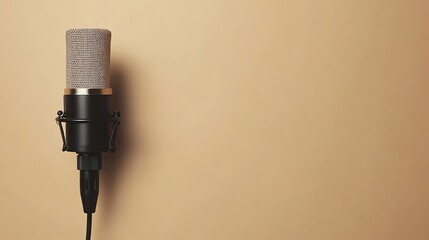 Fototapeta premium A black microphone on a stand against a beige background.