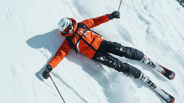 The skier fell down during the descent from the mountain slope