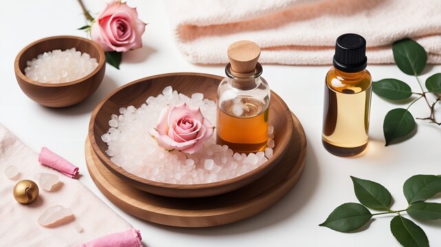 Motyw spa i wellness, miska wypełnione grubymi, białymi solami kąpielowymi, z kt&oacute;rych jedna ma r&oacute;żową r&oacute;żę umieszczoną na g&oacute;rze. R&oacute;żowe r&oacute;że i kilka zielonych liści, biały ręcznik. 