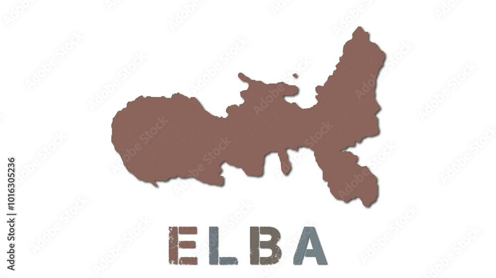 Poster elba map with paper regions. animated island map growing from regions and title letters falling down