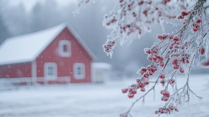 Naklejka premium A frosty red berry branch in the foreground with a red barn and a snowy landscape in the blurry background.