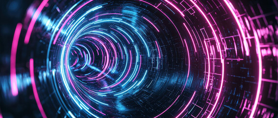 Obraz premium A luminous circular portal encircled by neon pink and blue light effects, crafting a sci-fi inspired gateway symbolizing futuristic technology and possibilities.