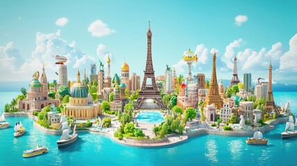 Obraz premium Wallpaper travel illustration 3d color tourism place, landmarks world, travel day wallpaper 3d animation
