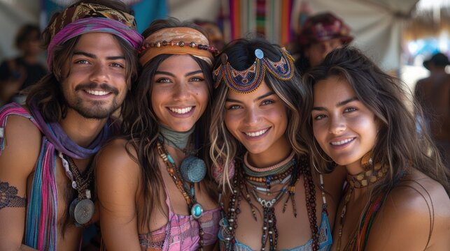 A group of friends in psychedelic costumes, smiling and posing for a photo at a psy trance festival