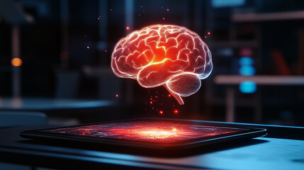  digital brain floating over a tablet, an artificial intelligence concept, a technology background,
