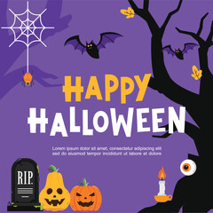 Halloween illustration at night with tree decorations, tombstones, pumpkins and spooky decorations on purple background