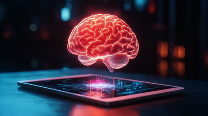  digital brain floating over a tablet, an artificial intelligence concept, a technology background,