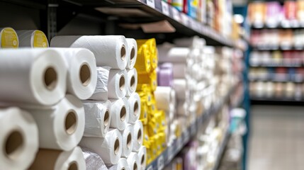 Obraz premium Row of toilet paper rolls on a store shelf, symbolizing the hygiene and consumer goods market.