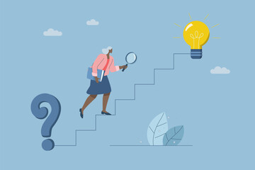 Businesswoman holding magnifying glass searching for solution to problem of stairs between question mark and light bulb, Finding the right direction or solution to a problem, Creativity to success.