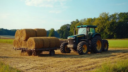 Fototapeta premium Rural tractor with a hay-loaded trailer in a field, highlighting agricultural activity.