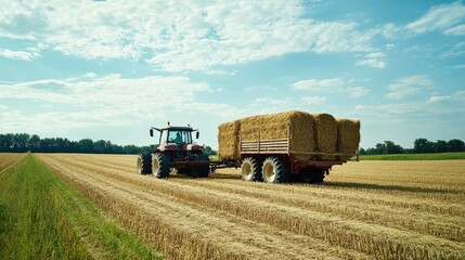 Obraz premium Rural tractor with a hay-loaded trailer in a field, highlighting agricultural activity.