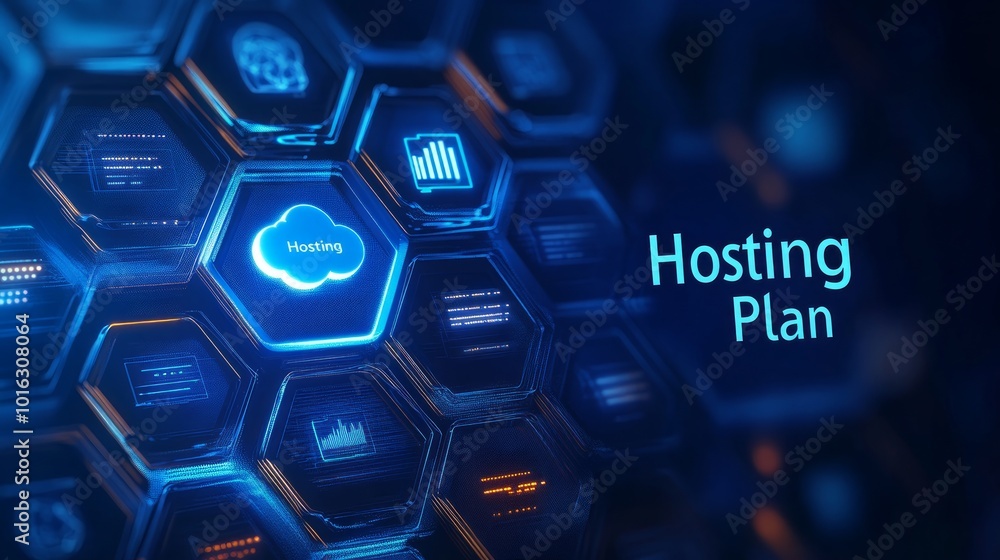 Poster abstract futuristic honeycomb structure with a glowing cloud icon representing hosting plan.