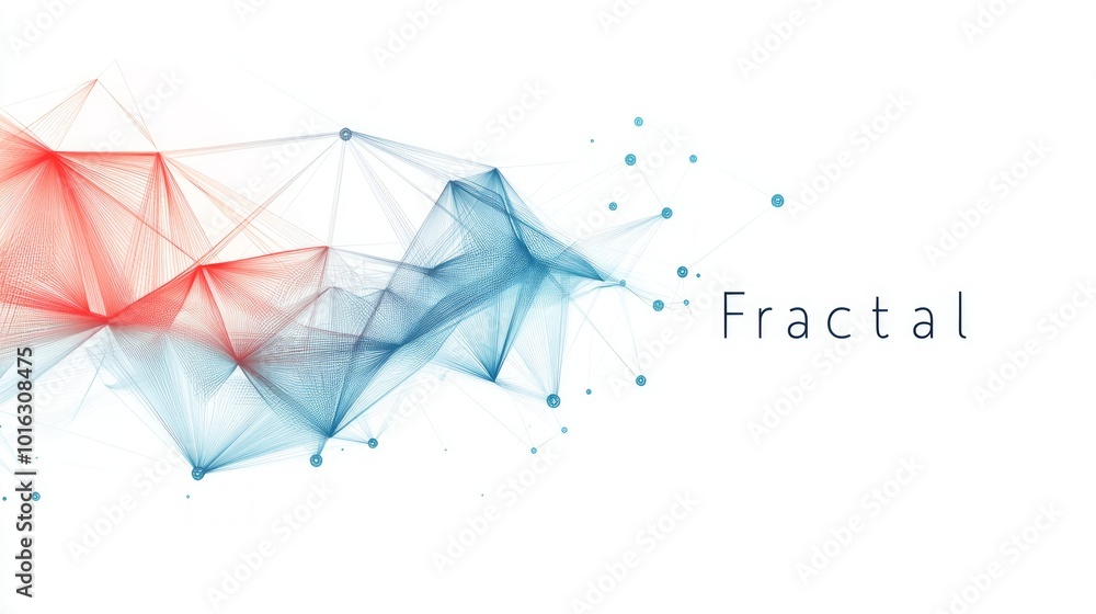 Poster abstract geometric fractal pattern with red and blue lines and dots on a white background.