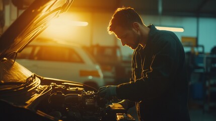 Mechanic conducting an engine repair examination at a service station