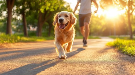 Happy Golden Retriever Running on Path at Sunset