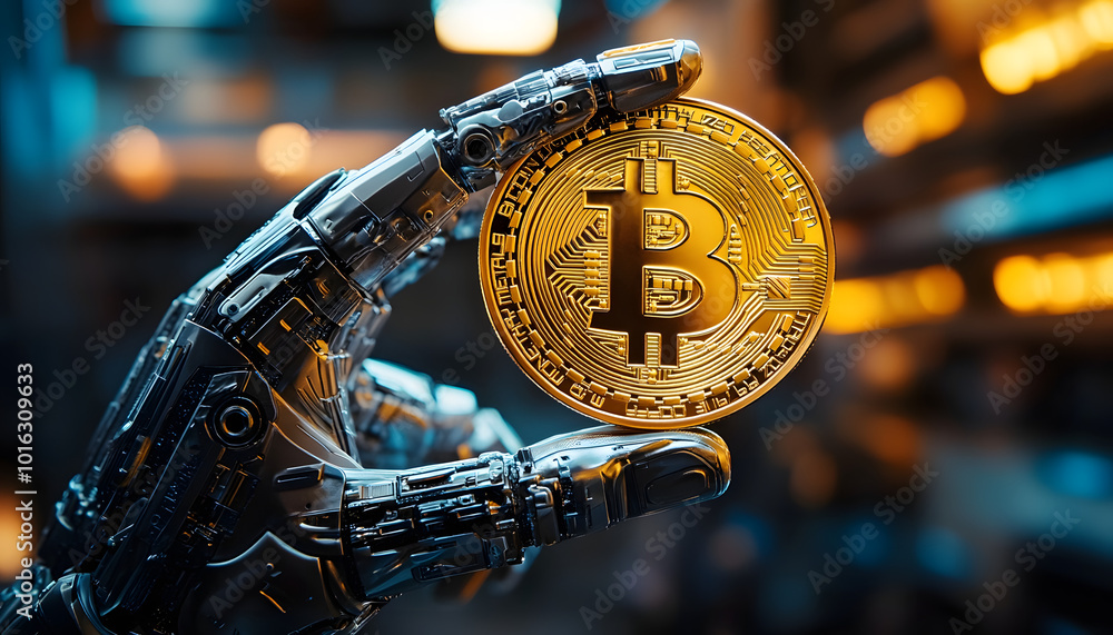 Poster a close-up image of a robotic hand holding a gleaming bitcoin coin. the background features futurist