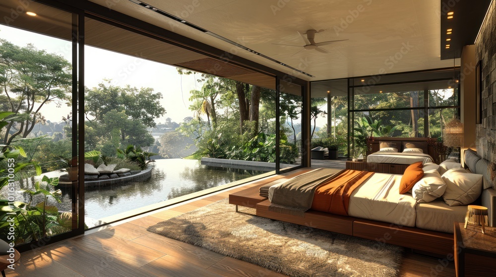 Canvas Prints Serene bedroom retreat overlooking lush greenery with tranquil outdoor space during golden hour. Generative AI