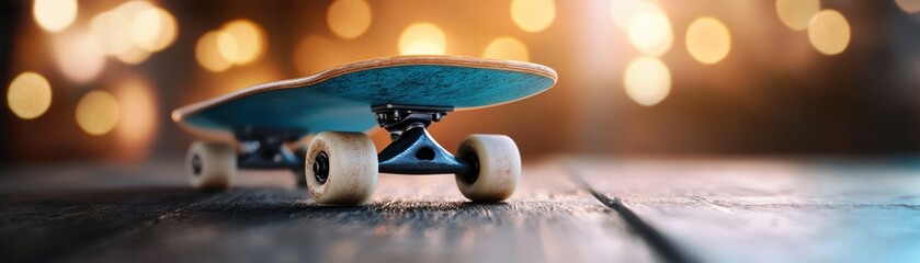 Close-up view of a skateboard on a wooden floor with a bokeh background, capturing a sense of adventure and youthful freedom.