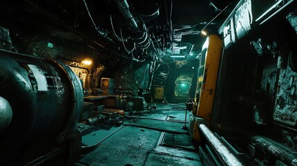 Fototapeta premium Dark Futuristic Industrial Corridor: A Grungy Sci-Fi Tunnel