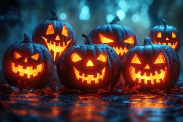 Obraz premium Glowing jack-o'-lanterns with various eerie expressions in a misty and spooky Halloween night scene Generative AI