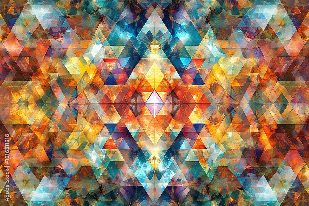 Poster abstract symmetrical pattern with colorful triangles and geometric shapes.