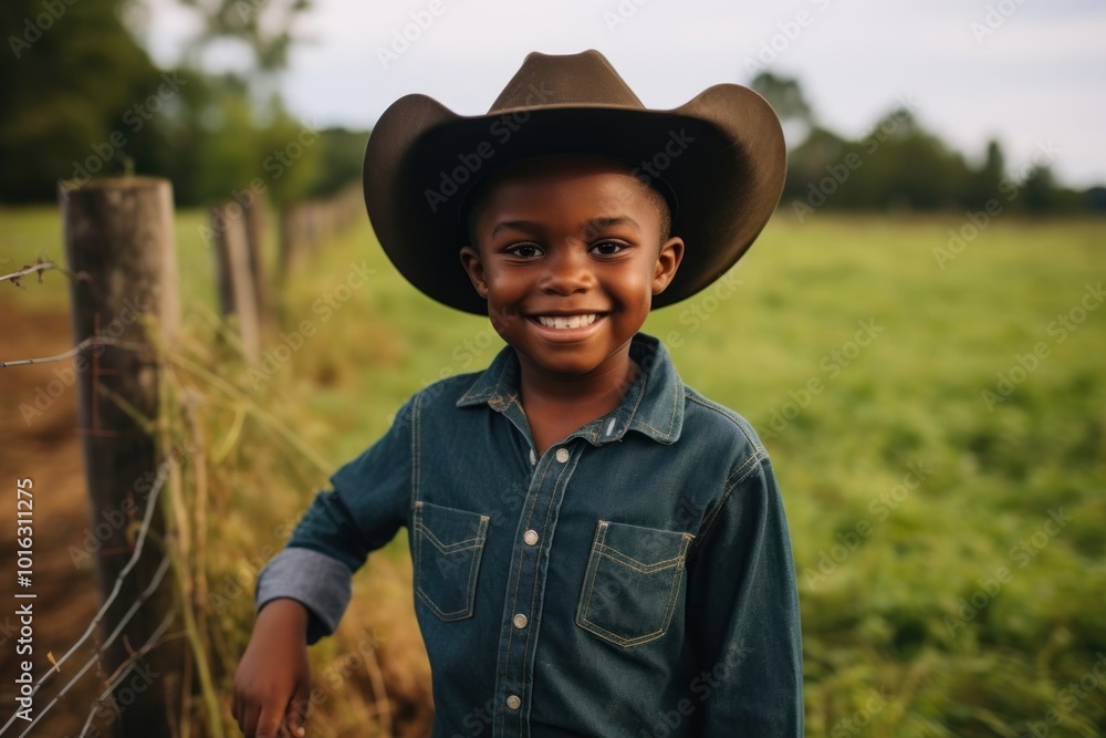 Poster Black kid farmers portrait outdoors smiling.